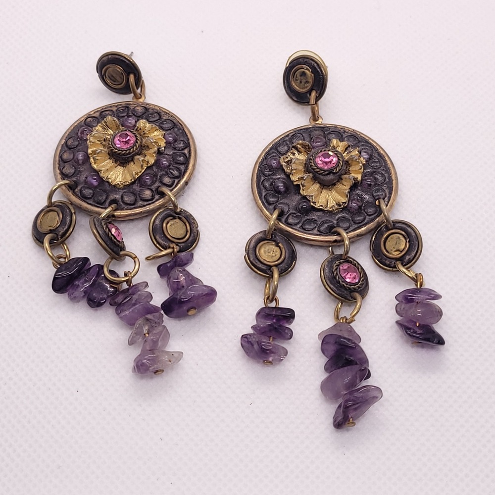 Purple Amethyst Chip Rhinestone Medallion Maximalist Statement Dangle Earrings